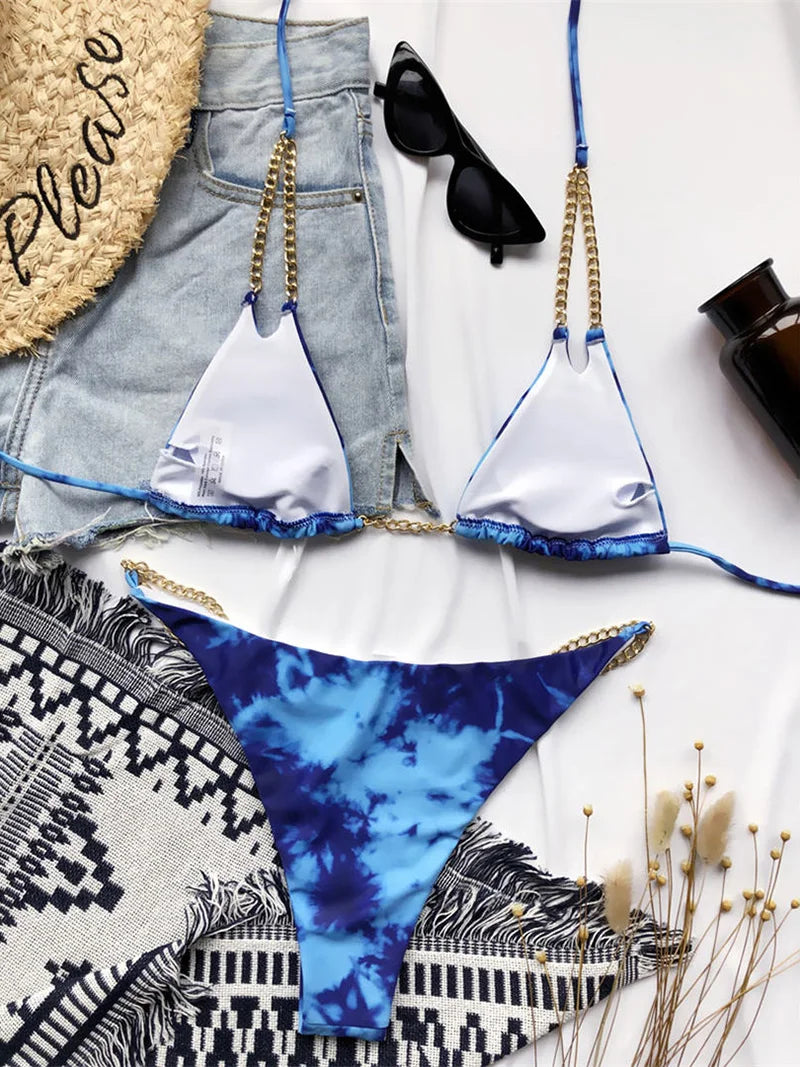 Sexy Halter Metal Chains Brazilian Bikini 2025 Women Swimsuit Female Swimwear Two Pieces Bikini Set Bathing Suit Swim Beach Wear