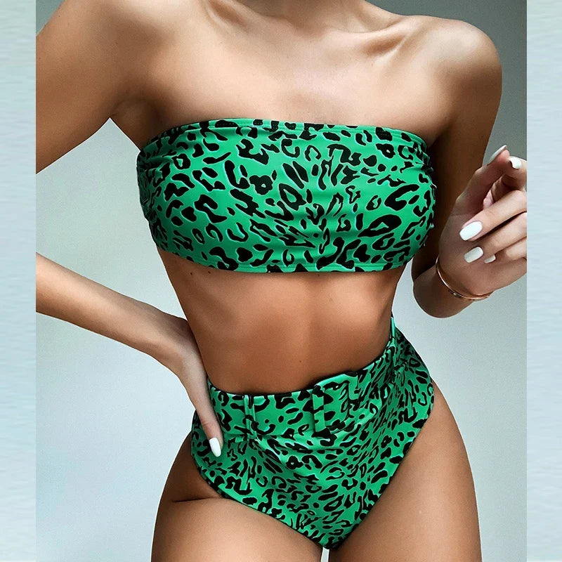 Neon Green Bandeau Swimsuit High Waist Bikini 2025 Women Swimwear Female Two pieces Bikini set Buckle Waistband bathing suit