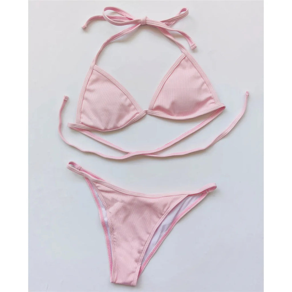 XS - L Ribbed Halter Bikini Women Swimwear Female Swimsuit Four-pieces Bikini set With Sarong Bather Bathing Suit Swim V3152B