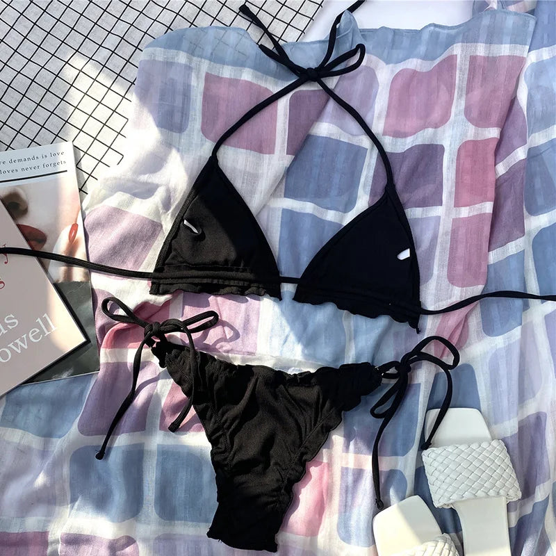 Halter String Ruffled Frilled Bikini 2026 Women Swimsuit Female Swimwear Two Pieces Bikini Set Padded Bather Bathing Suit Swim