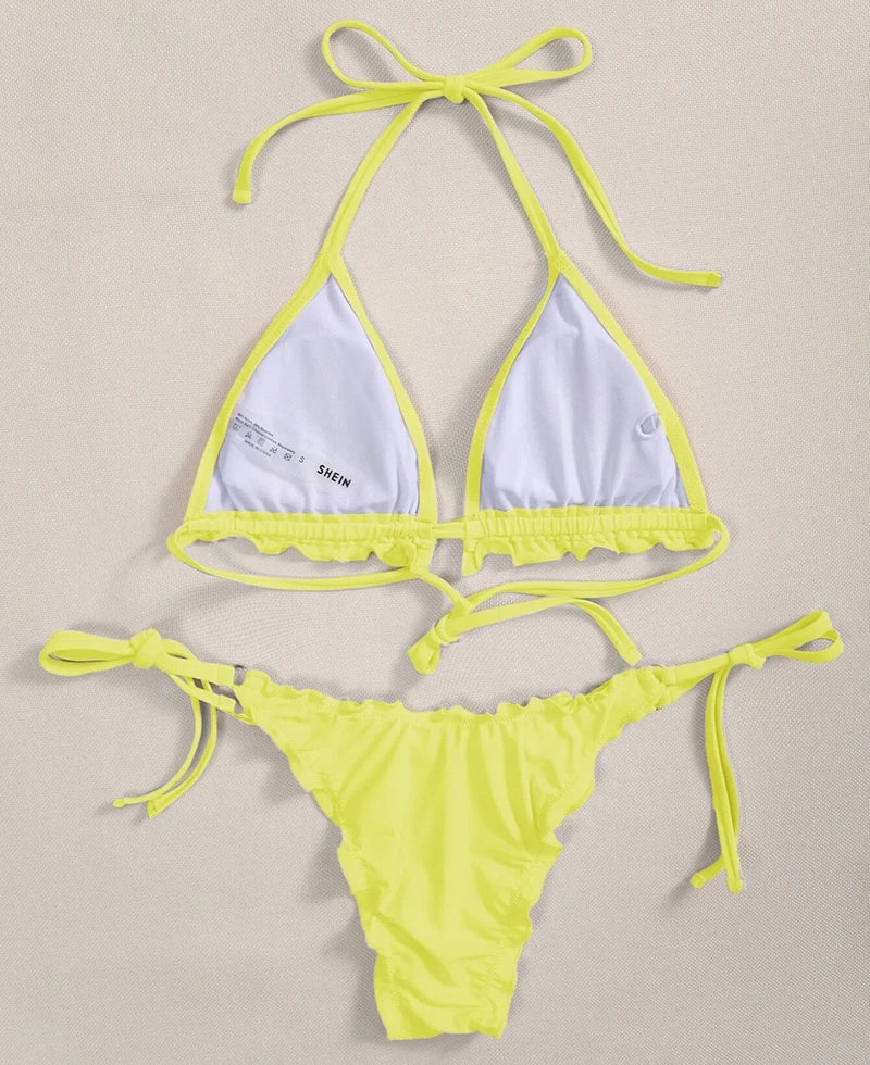 Halter String Ruffled Frilled Bikini 2026 Women Swimsuit Female Swimwear Two Pieces Bikini Set Padded Bather Bathing Suit Swim