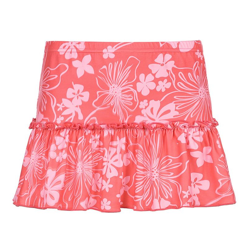 Women's Summer Ruffles A-Line Mini Skirt Y2K Style High Waist Floral Print Frill Trim Above Knee Short Skirt Blue/Pink/Purple