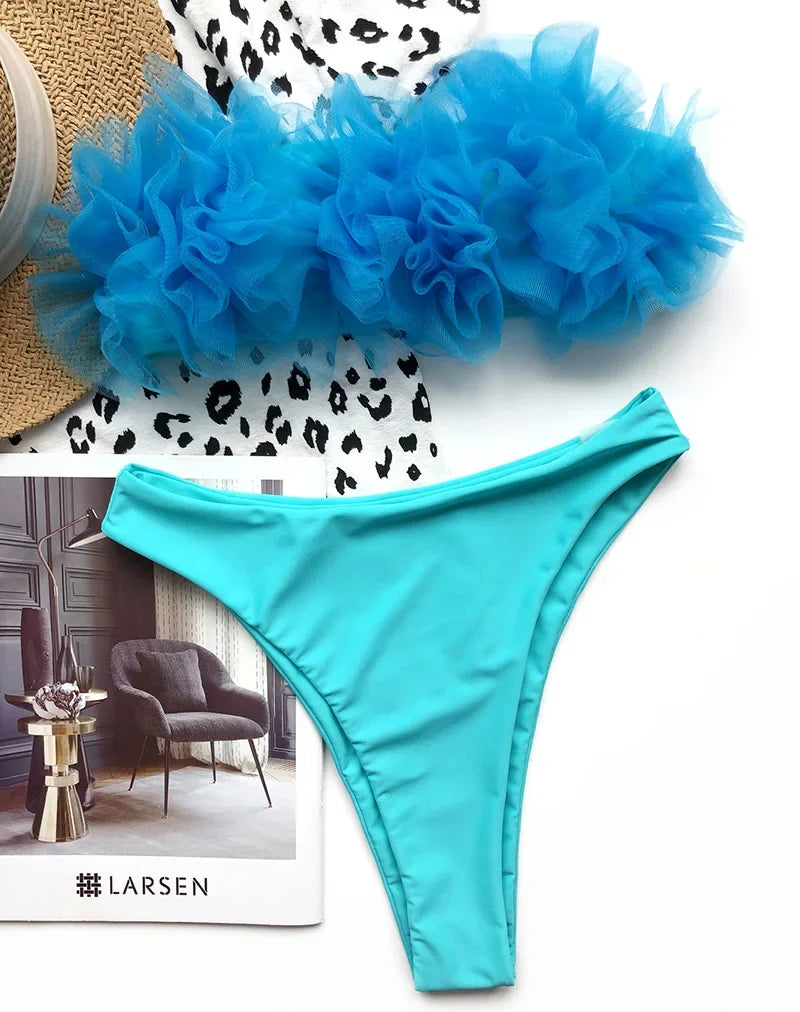 2025 New Sexy 3D Flower Mesh Ruffled Swimsuit High Waist bikini Women Bandeau Swimwear Female Two Pieces Bikini set Bathing Suit