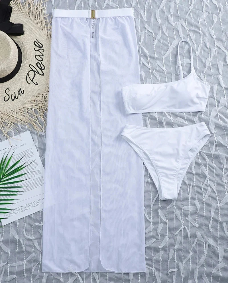 New One shoulder Bikini 2025 Female Swimsuit Women Swimwear Three-pieces Bikini set Mesh Long Skirt Beach wear Bathing Suit Swim