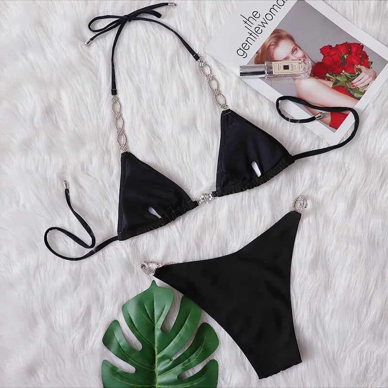 Shiny Sequins Rhinestone Bikini Women Swimwear Female Swimsuit Two-pieces Bikini set Metal Chain Halter Bather Bathing Suit Swim