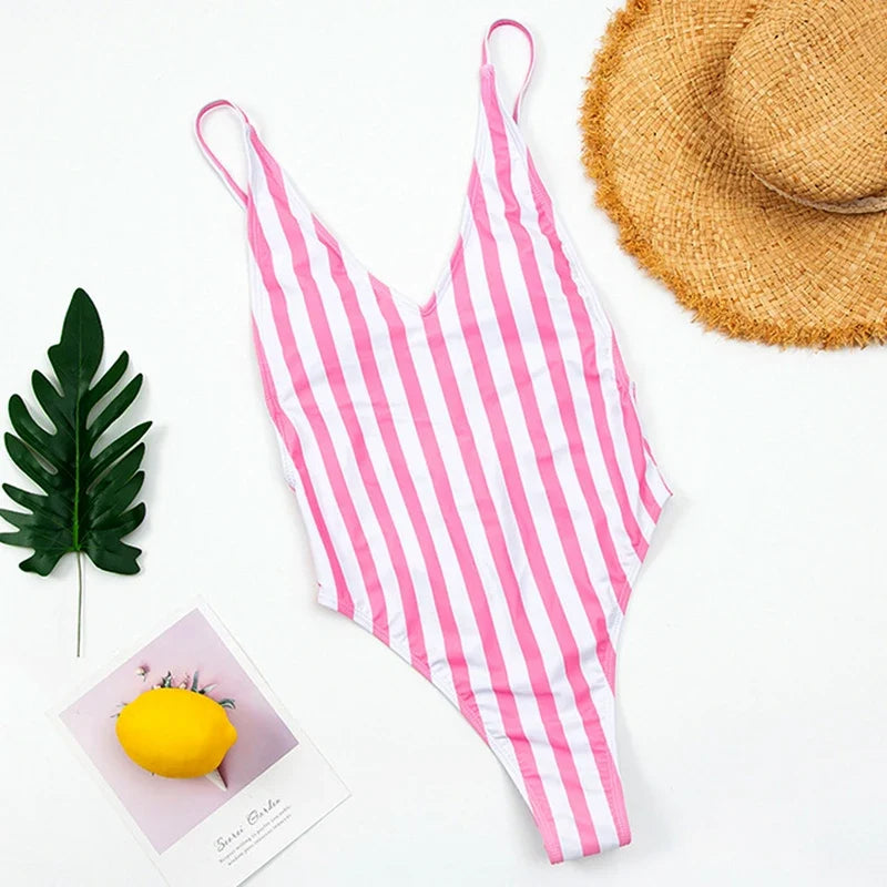 2025 Sexy Backless Striped Women Swimwear One Piece Swimsuit Female monokini High cut Trikini V Neck Bathing Suit Swim Bodysuit