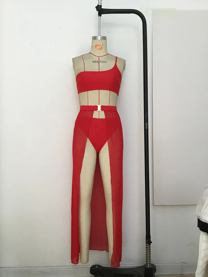 New One shoulder Bikini 2025 Female Swimsuit Women Swimwear Three-pieces Bikini set Mesh Long Skirt Beach wear Bathing Suit Swim
