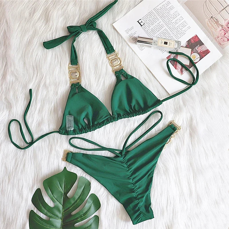 Halter Jewelled Diamond Bikini Women Swimsuit Female Triangle Swimwear Two piece Bikini set Brazilian Bather Bathing Suit Swim