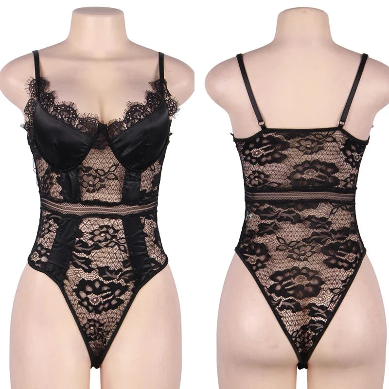 Plus Size Snap Crotch Lace Bodysuits Women Sexy Elegant Teddy Bodysuit Streetwear Skinny Overalls Body Femme Body Tops Jumpsuit