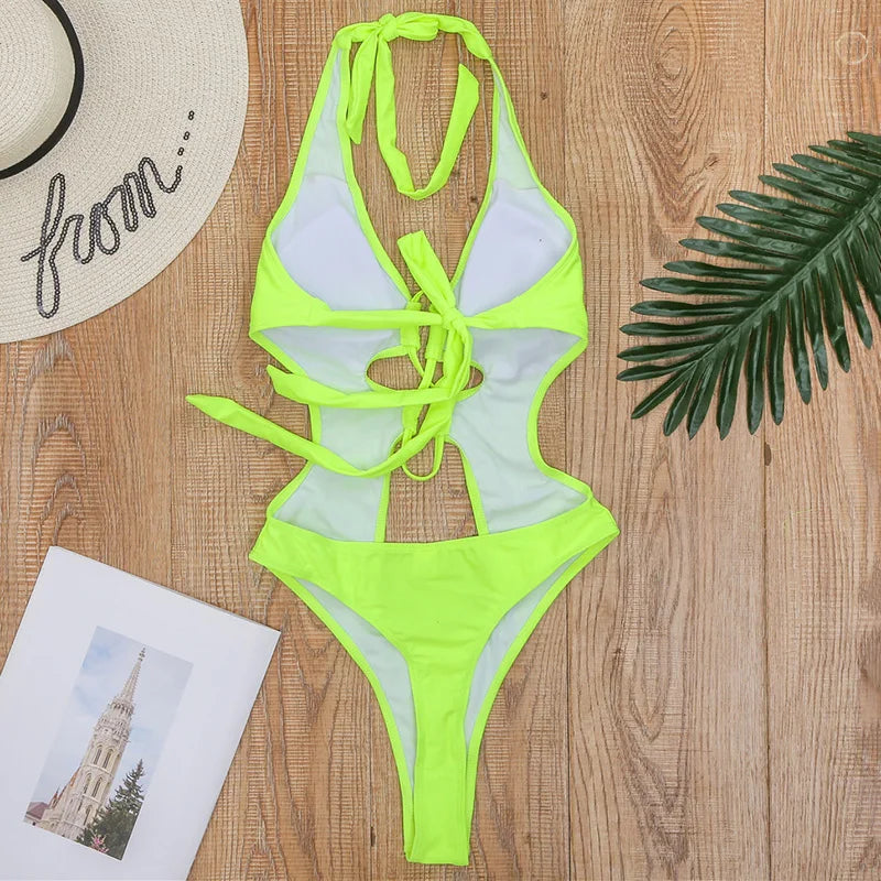 Lace up Halter Tummuy Cut Out Female Thong Swimwear One Piece Swimsuit Women Backless Monokini High Cut Bather Bathing Suit Swim