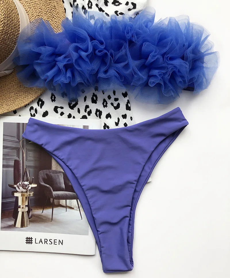2025 New Sexy 3D Flower Mesh Ruffled Swimsuit High Waist bikini Women Bandeau Swimwear Female Two Pieces Bikini set Bathing Suit