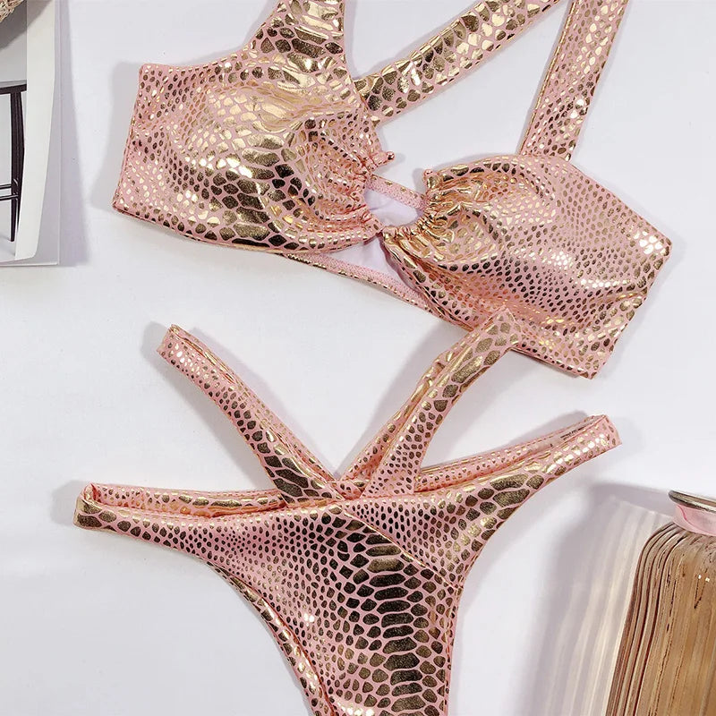 Asymmetric Shiny Snake Skin Thong Bikini Female Swimsuit Women Swimwear Two Pieces Bikini set High Cut Bather Bathing Suit Swim