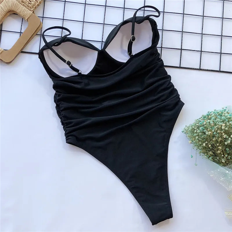 Push Up Bra Cup Leopard Scrunched Women Bandeau Swimwear One Piece Swimsuit Female Monokini High Cut Bathing Suit Swim Bodysuit