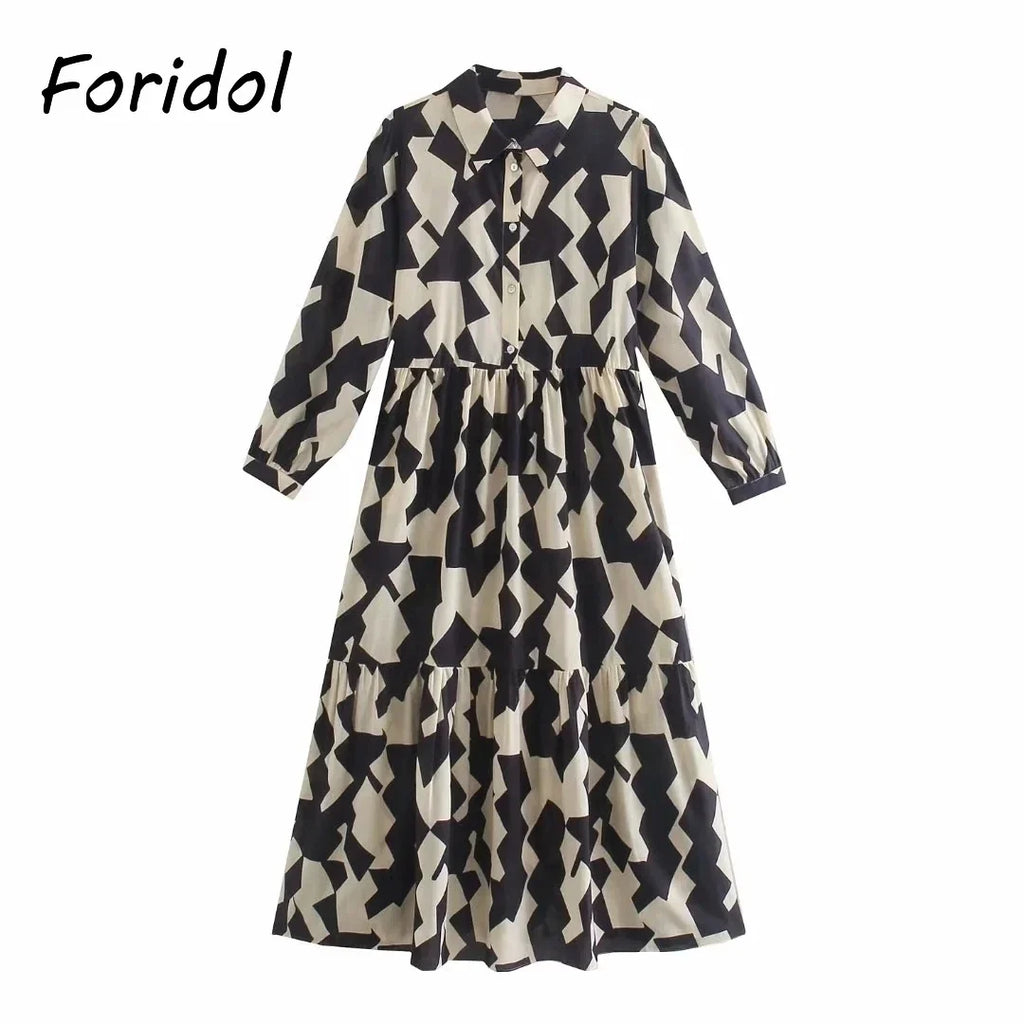 Foridol Geometric Print Black Shirt Dress Casual Elegant Autumn Winter Women's New Dress Vestidos Robe Femme Long Sleeve Dress