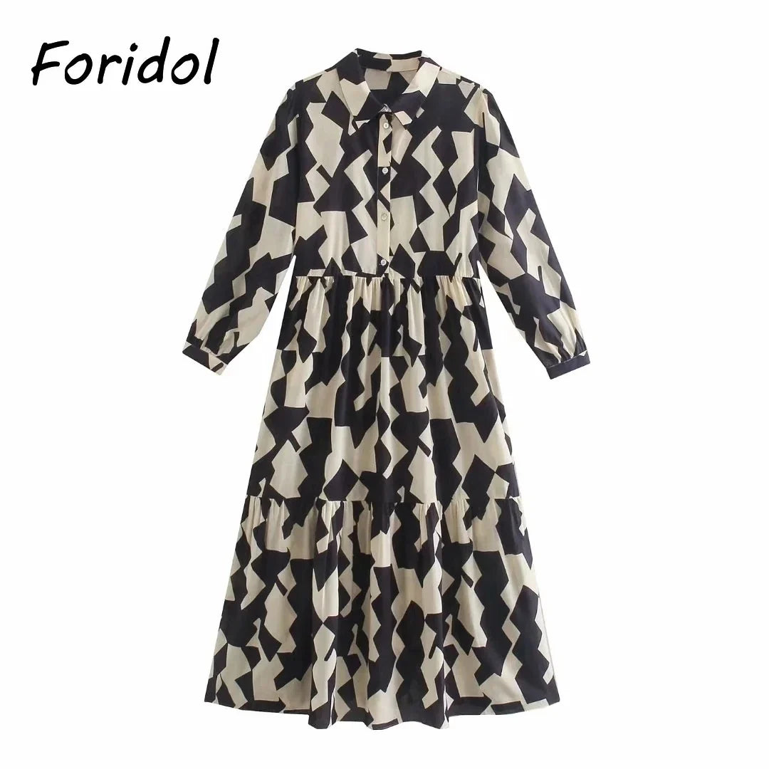 Foridol Geometric Print Black Shirt Dress Casual Elegant Autumn Winter Women's New Dress Vestidos Robe Femme Long Sleeve Dress