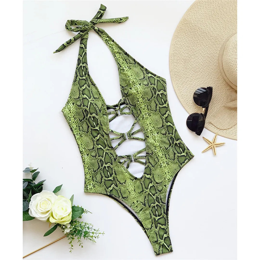 New Sexy Snake Skin Halter Monokini Women Swimwear One Piece Swimsuit Female Tummy Cut Out Bather Bathing Suit Swim Lady V3056