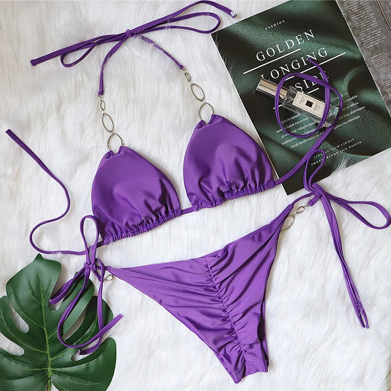 Sexy Halter Diamond Bikini Women Swimsuit Female Metal Chains Swimwear Two Pieces Bikini set Brazilian Bather Bathing Suit Swim