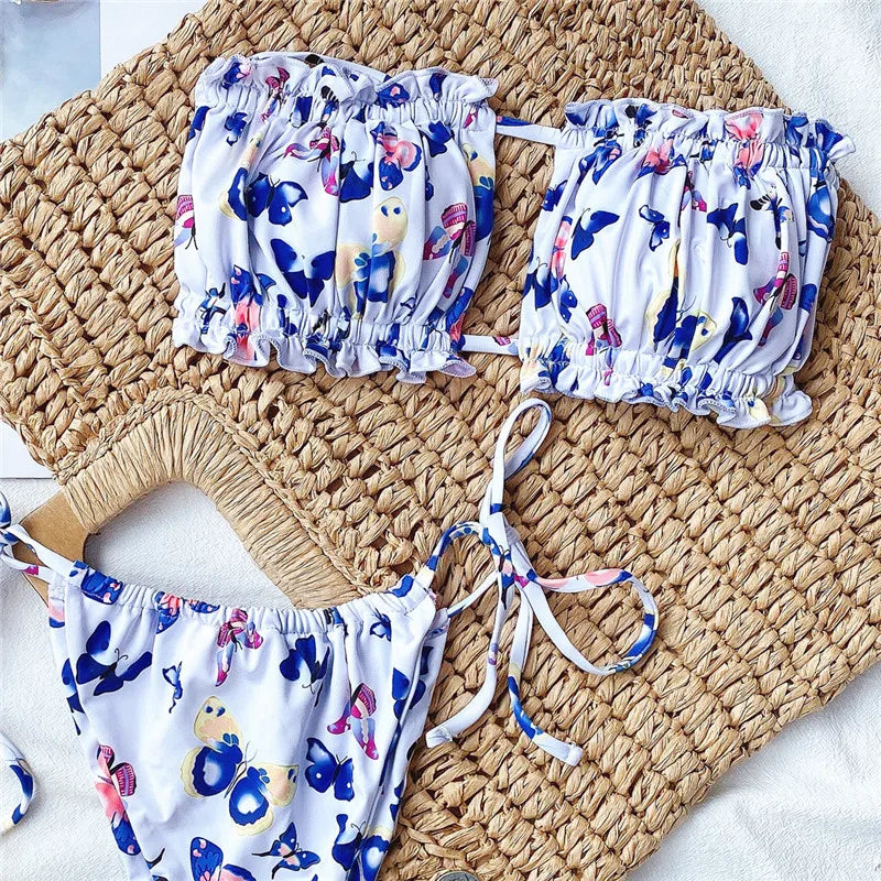 Tie Dye Pleated Ruffled Bikinis Bandeau Bikini Women Swimsuit Female Swimwear Two-pieces Bikini Set Hollow Out Bathing Suit Swim