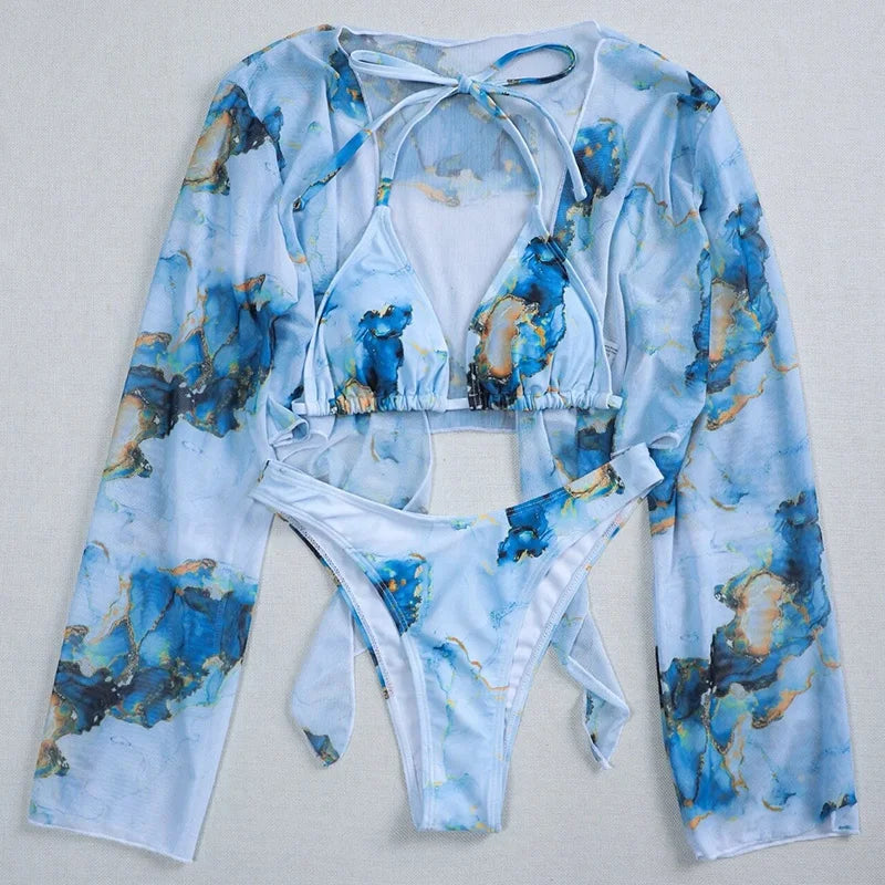 Marble Print V-Bar Underwired Bikini Women Swimsuit Female Swimwear Three-pieces Bikini Set Push Up Bathing Suit Beach Sarong
