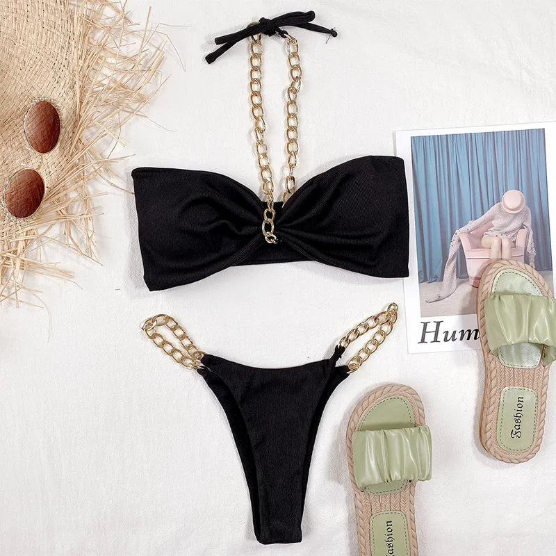 New Halter Ribbed Brazilian Bikini Female Swimsuit Women Swimwear Two pieces Bikini set Metal Chains Bather Bathing Suit Swim