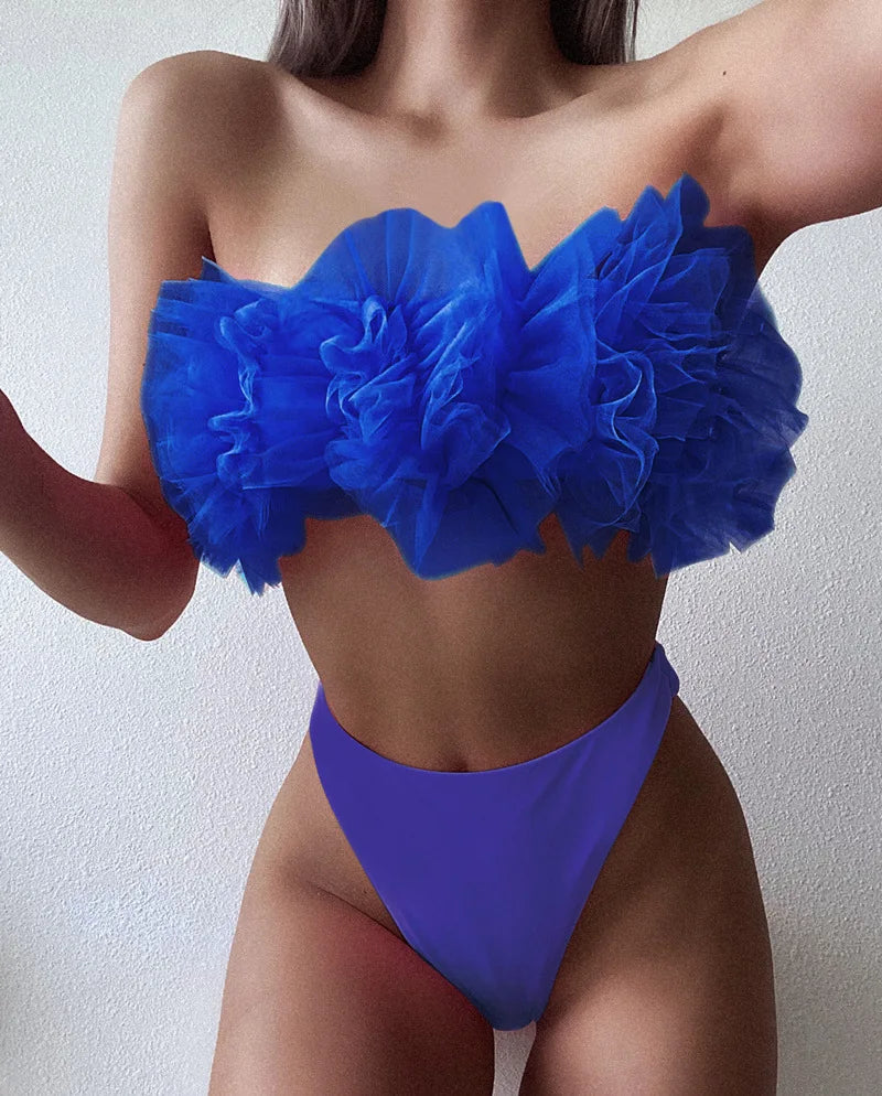 2025 New Sexy 3D Flower Mesh Ruffled Swimsuit High Waist bikini Women Bandeau Swimwear Female Two Pieces Bikini set Bathing Suit