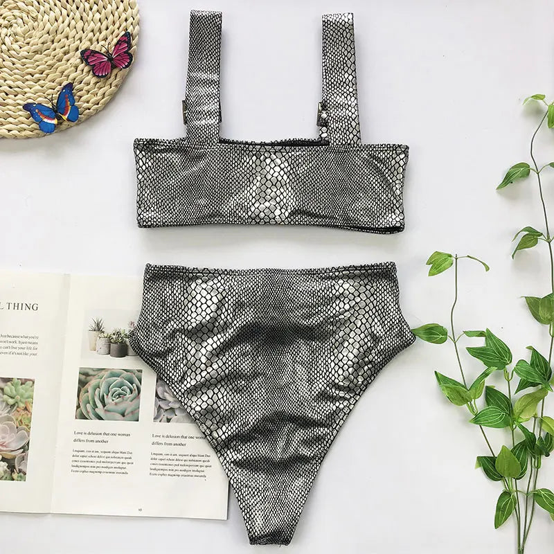 2026 Snake Printed Bandeau Bikini High Waist Swimsuit Women Vintage Swimwear Female Waist Belt Bikini Set Push Up Bathing Suit