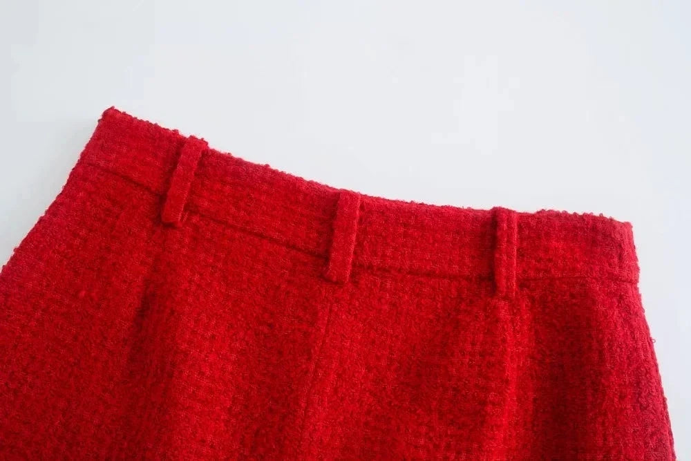 Foridol Double Breasted O Neck Short Blazer Skirt Sets Two Pieces Office Ladies Red Winter Thick Cozy Suits Elegant Blazer Top