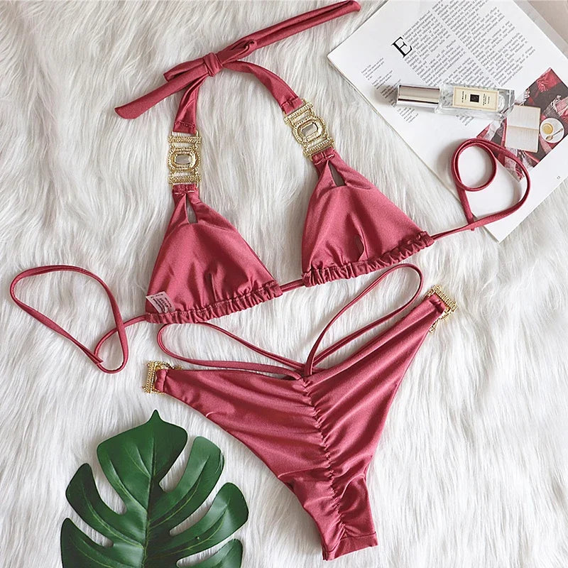 Halter Jewelled Diamond Bikini Women Swimsuit Female Triangle Swimwear Two piece Bikini set Brazilian Bather Bathing Suit Swim
