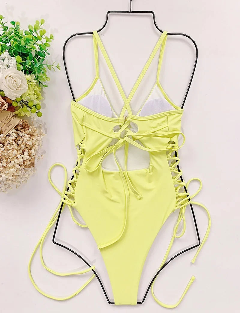 Splicing High Cut Out One Piece Swimsuit Women Tassel Swimwear Female Sexy Bathing Suit String Leopard Bikini 2025 Monokini Lady