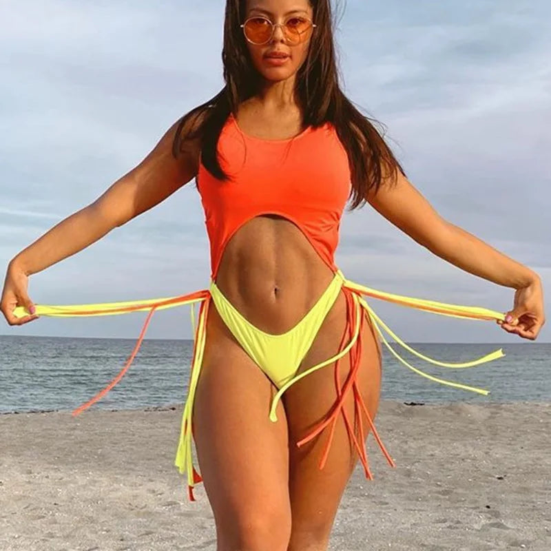 Splicing High Cut Out One Piece Swimsuit Women Tassel Swimwear Female Sexy Bathing Suit String Leopard Bikini 2025 Monokini Lady