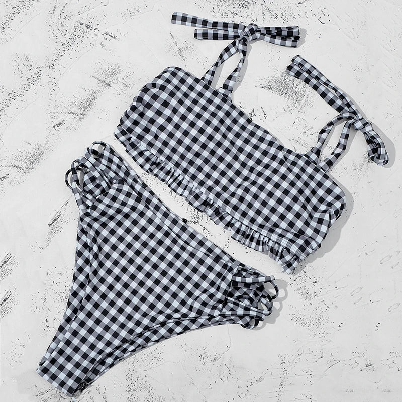 ZTVitality Blue Plaid Bikinis Push Up Bikini 2020 Newest Padded Bandage Swimsuit High Waist Cross Hollow Out Sexy Swimwear Women