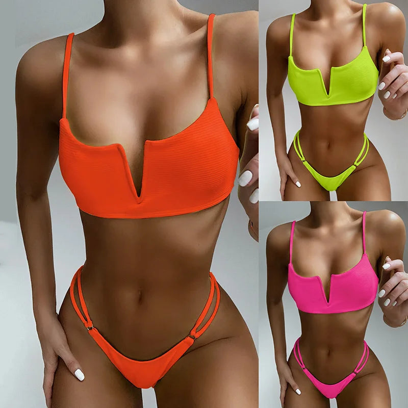 Ribbed Polka Dot Bikinis V-Bar Underwired Bikini Women Swimwear Female Swimsuit Two Pieces Bikini Set High Cut Bathing Suit Swim