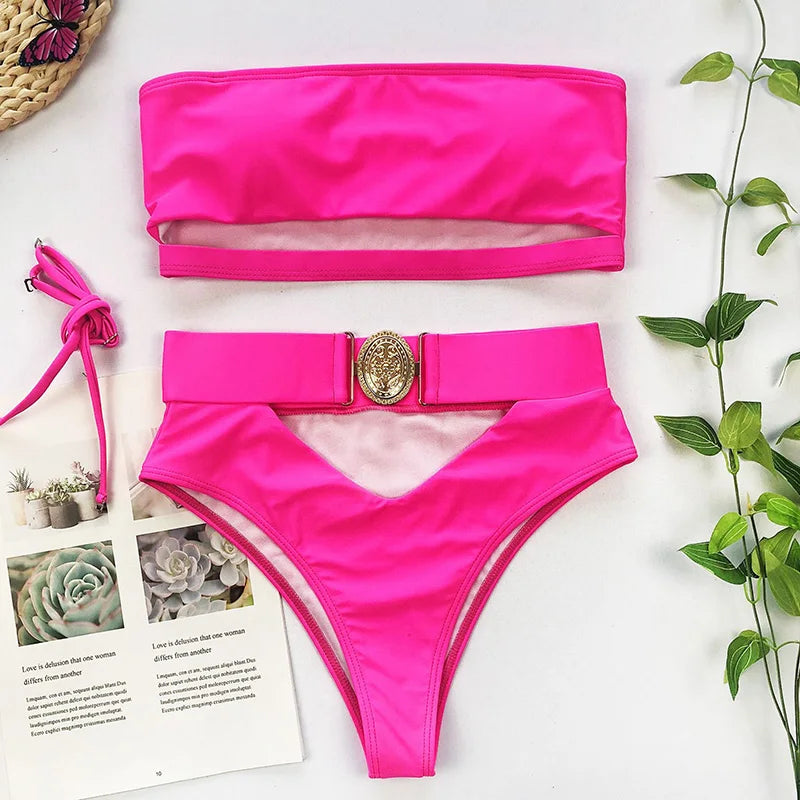 2026 Snake Printed Bandeau Bikini High Waist Swimsuit Women Vintage Swimwear Female Waist Belt Bikini Set Push Up Bathing Suit