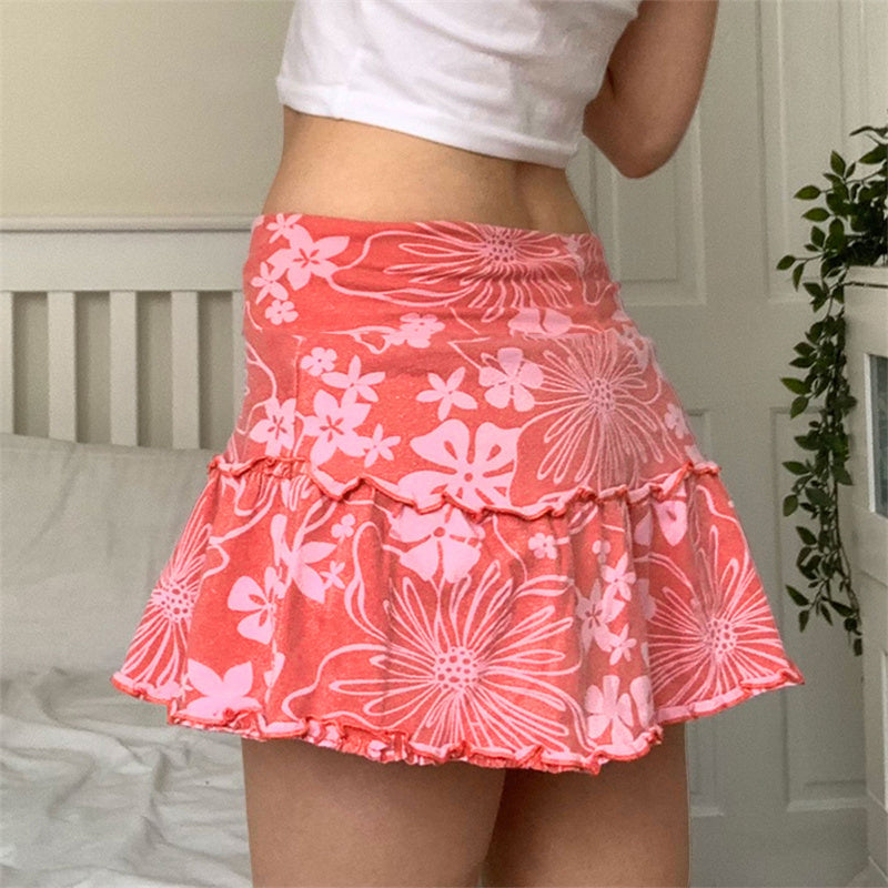 Women's Summer Ruffles A-Line Mini Skirt Y2K Style High Waist Floral Print Frill Trim Above Knee Short Skirt Blue/Pink/Purple