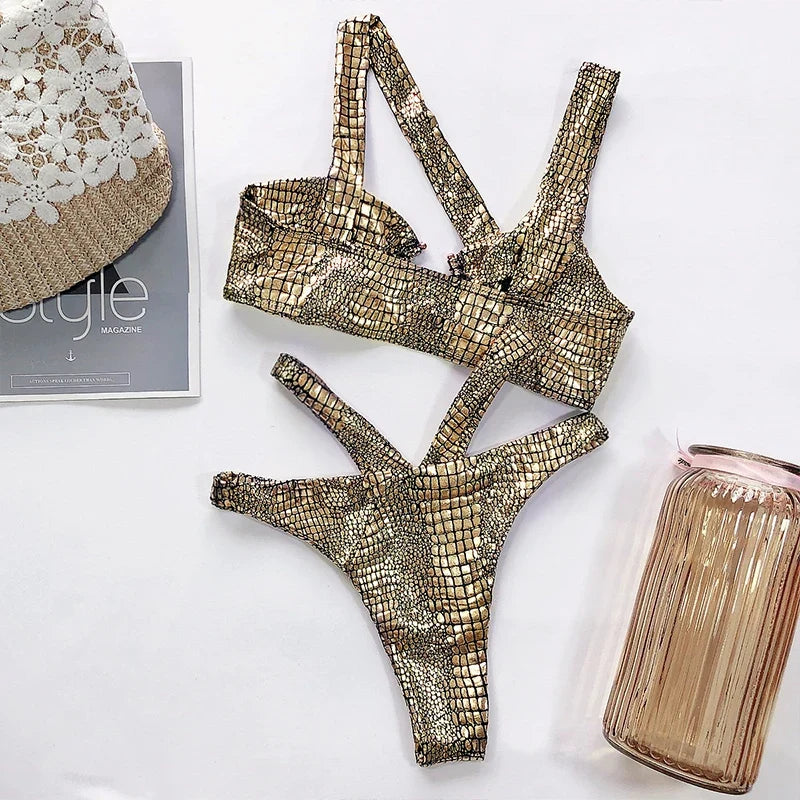 Asymmetric Shiny Snake Skin Thong Bikini Female Swimsuit Women Swimwear Two Pieces Bikini set High Cut Bather Bathing Suit Swim
