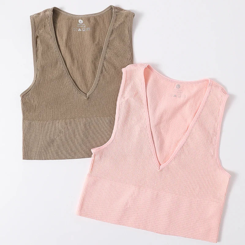 Deep V-Neck Crop Top 18 Colors Slim Fit Tank Stretchy Sleeveless Crop Vest Casual Ribbed Knit Top Low Cut Summer Camisole M-XL