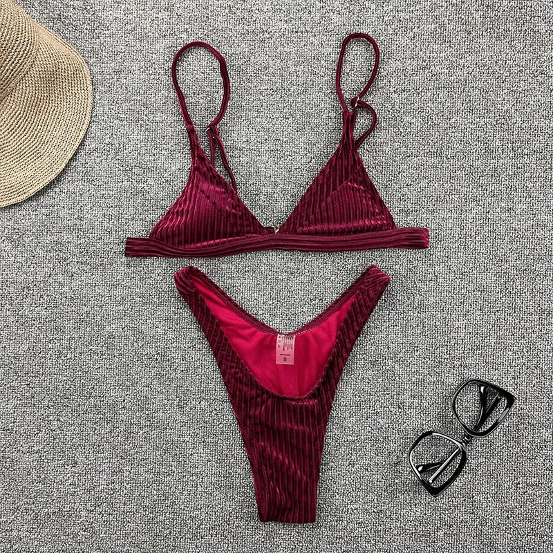 Ribbed Metallic Velvet Bikini Women Swimsuit Female Thong Swimwear Two Pieces Bikini Set High Cut Bathing Suit Swim Beachwear