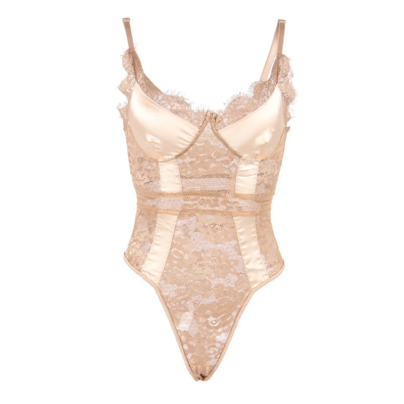 Plus Size Snap Crotch Lace Bodysuits Women Sexy Elegant Teddy Bodysuit Streetwear Skinny Overalls Body Femme Body Tops Jumpsuit