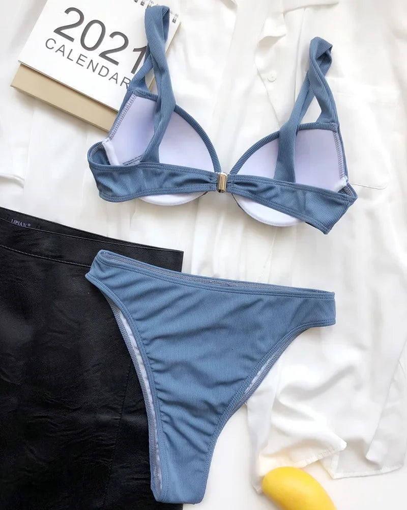 Sexy Ribbed Bra Cup High Waist Bikini Women Swimsuit Female Swimwear Two Pieces Bikini set Push Up Bather Bathing Suit Swim Lady
