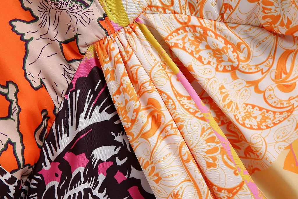 Foridol Paisley Print Batwing Sleeve Kimono Maxi Long Dress Floral Print Half Sleeve Boho Autumn Dress Orange Belt Slit Dress