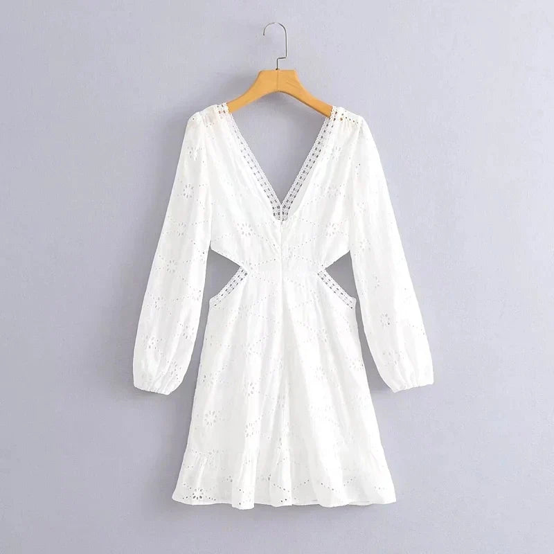 Foridol Waist Hollow Out V Neck Backless White Lace Party Dress Christmas Vestido Robe Ruffled Cotton Long Sleeve Autumn Dress