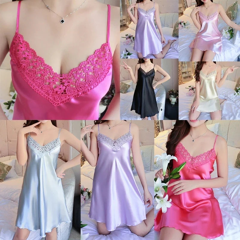 Women Ice Silk Cool Nightgown Pyjamas Sexy V Neck Sleepwear Nightwear