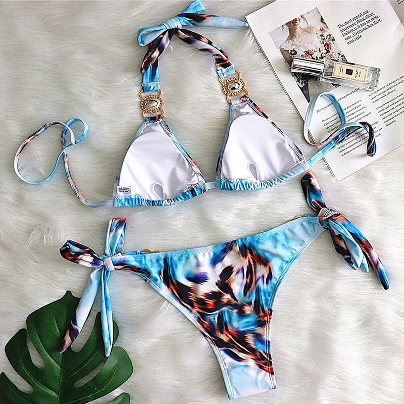 Sexy Leopard Crystal Diamond Bikini 2025 Women Swimsuit Female Halter Swimwear Two Pieces Bikini set Brazilian Bathing Suit Swim