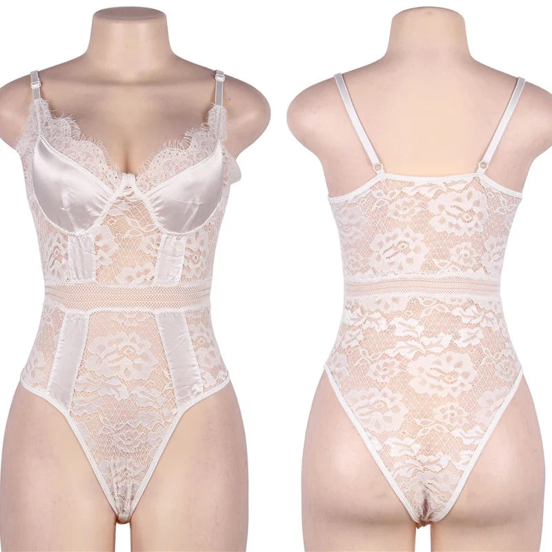 Plus Size Snap Crotch Lace Bodysuits Women Sexy Elegant Teddy Bodysuit Streetwear Skinny Overalls Body Femme Body Tops Jumpsuit