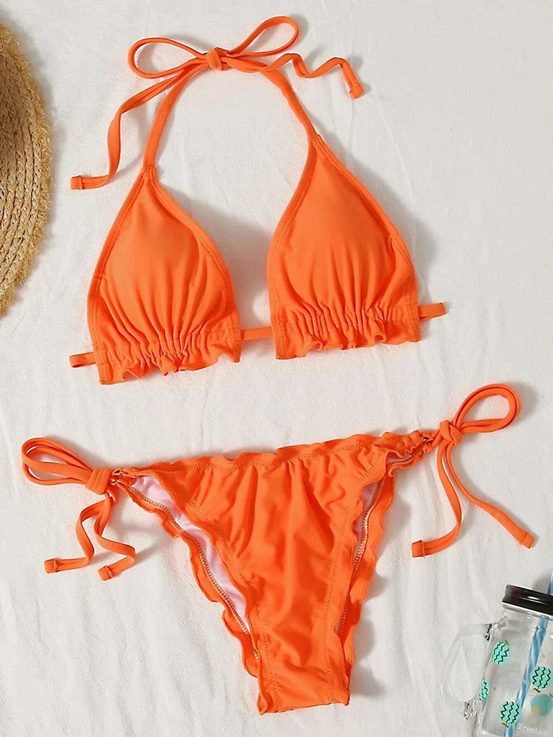 Halter String Ruffled Frilled Bikini 2026 Women Swimsuit Female Swimwear Two Pieces Bikini Set Padded Bather Bathing Suit Swim
