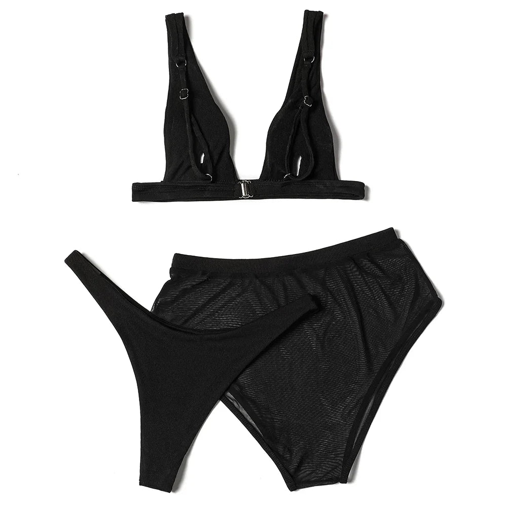 ZTVitality Black Ribbed Three Pieces Bikini 2025 New Padded High Cut Mesh Swimsuit Female Swimwear Women Beach Brazilian Biquini