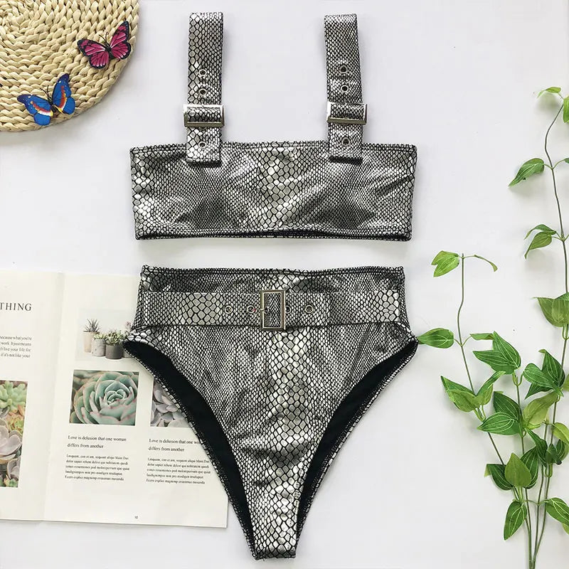 2026 Snake Printed Bandeau Bikini High Waist Swimsuit Women Vintage Swimwear Female Waist Belt Bikini Set Push Up Bathing Suit