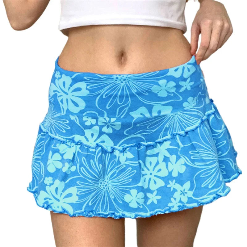 Women's Summer Ruffles A-Line Mini Skirt Y2K Style High Waist Floral Print Frill Trim Above Knee Short Skirt Blue/Pink/Purple