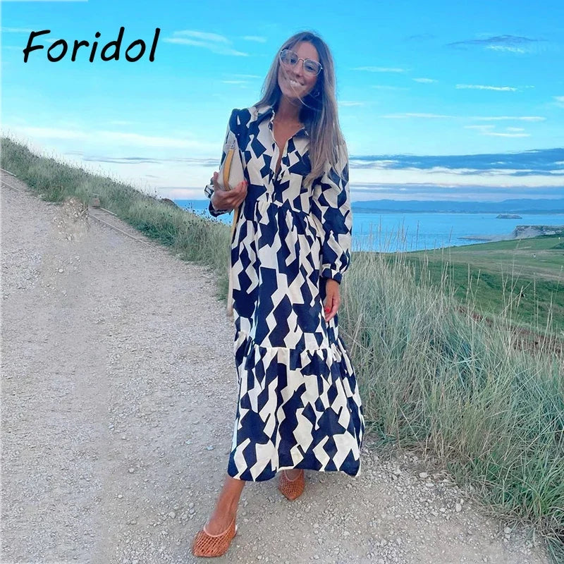 Foridol Geometric Print Black Shirt Dress Casual Elegant Autumn Winter Women's New Dress Vestidos Robe Femme Long Sleeve Dress