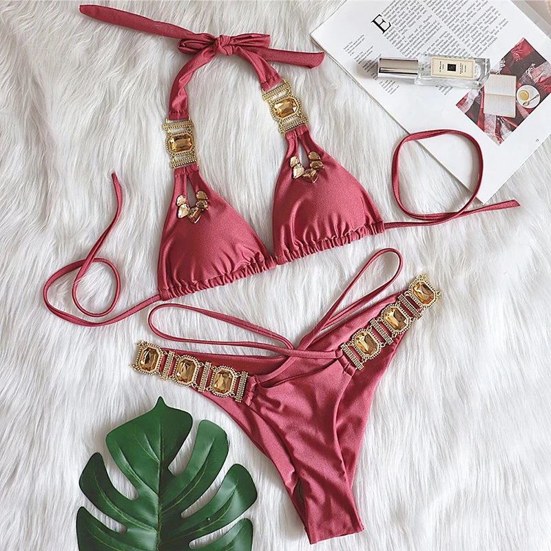 Halter Jewelled Diamond Bikini Women Swimsuit Female Triangle Swimwear Two piece Bikini set Brazilian Bather Bathing Suit Swim